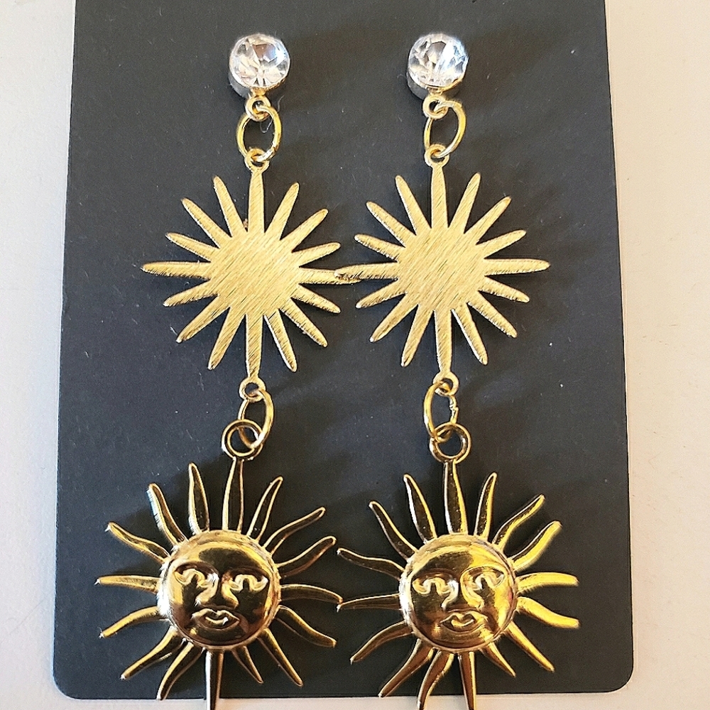 Handmade Boho Gold Celestial Sunburst Dangle Earrings